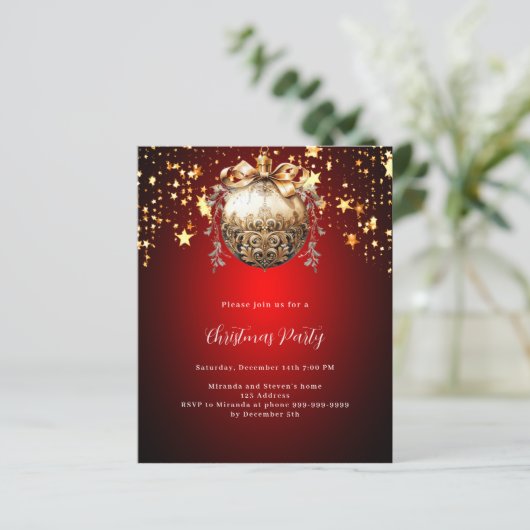 Rood gouden kerstbal sterren kerstfeest uitnodigin (Staand voorkant)