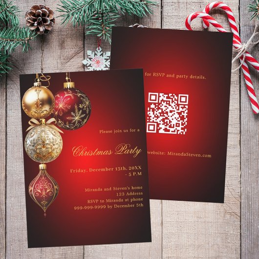 Rood gouden kerstballen QR code kerstfeest Kaart