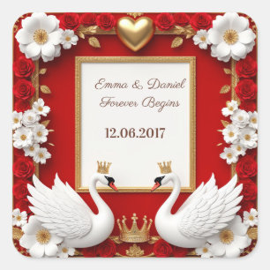 🦢 Rood Gouden Parel Zwaan Bruiloft ✨ Vierkante Sticker