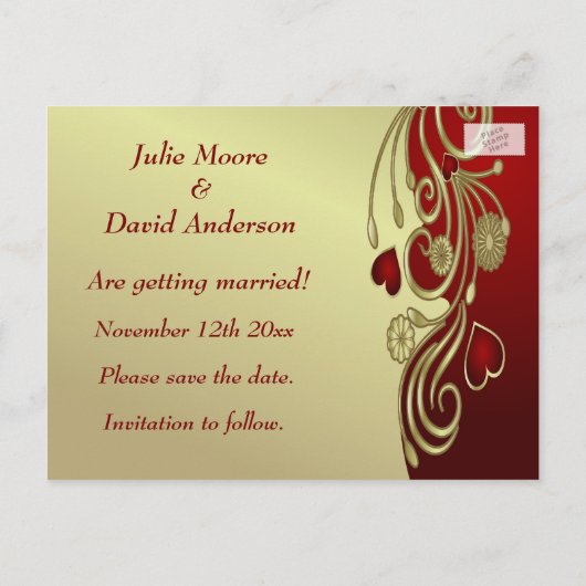 Rood & goudharten & scrollen sparen de Datum Aankondigingskaart (Achterkant)