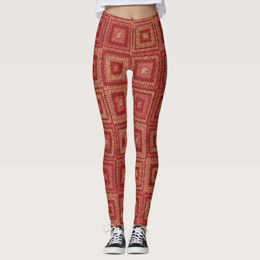 Rood Granny Vierkant patroon Leggings (Voorkant)