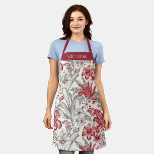 Rood & grijs bloemmotief toile shabby chic persoon schort