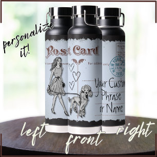 Rood Grijs  Briefkaart Vrouw en Poedel Liefde Waterfles