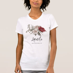 Rood Grijs & Cream Boho Bloem Boeket Bruidsmeisje T-shirt