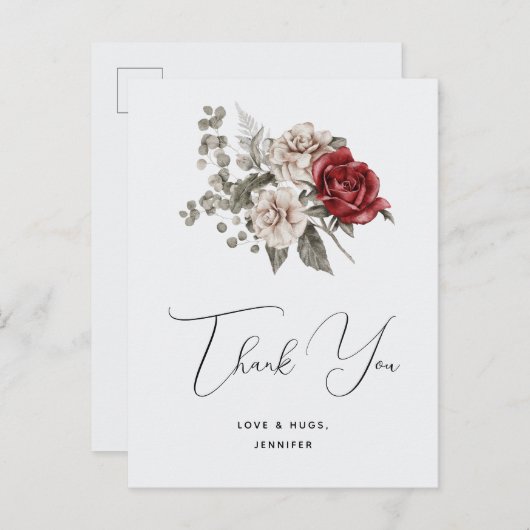 Rood Grijs & Cream Boho Bloem Boeket Dank u Briefkaart (Voorkant / Achterkant)