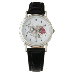 Rood Grijs & Cream Boho Bloem Boeket Horloge