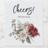 Rood Grijs & Cream Boho Bloem Boeket Proost Wijn Etiket (Enkel label)