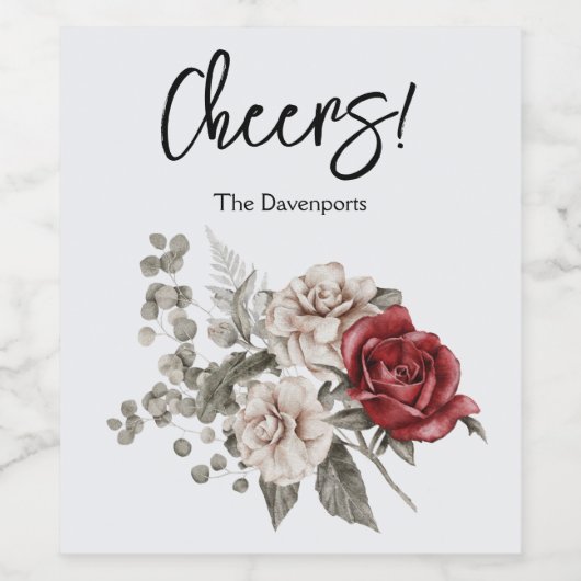 Rood Grijs & Cream Boho Bloem Boeket Proost Wijn Etiket (Enkel label)