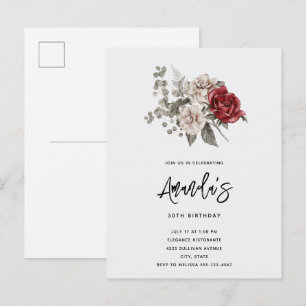 Rood Grijs & Cream Boho Bloem Boeket Verjaardag Uitnodiging Briefkaart