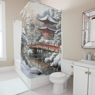 Rood Grijs Japanse Pagoda Soribashi Winter Douchegordijn