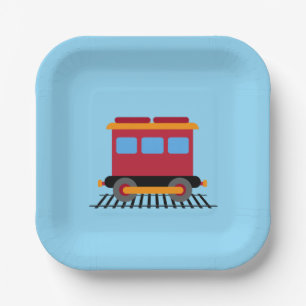 Rood, grijs, sinaasappel en blauw kleuren trein papieren bordje