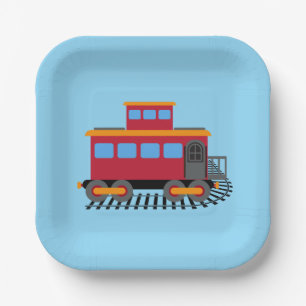Rood, grijs, sinaasappel en blauw kleuren trein papieren bordje