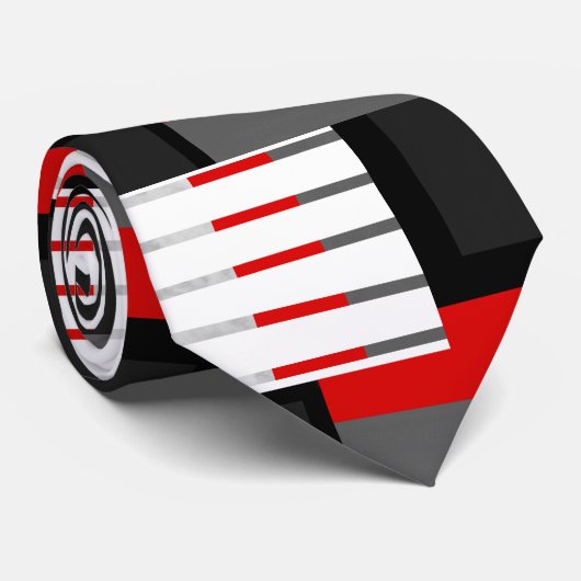 Rood Grijs Zwart en Wit Gestreept Kleurenblok Stropdas (Opgerold)