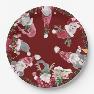 Rood Grijze Gnomes Christmas Waterverf Leaf Foliag Papieren Bordje