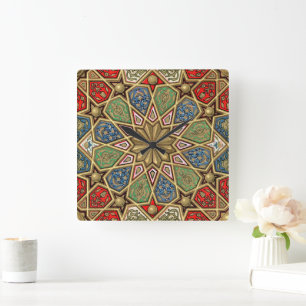 Rood Groen Blauw Faux Goud Arabisch Kunstpatroon Vierkante Klok