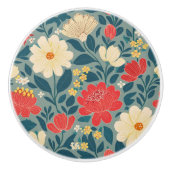 Rood, Groen en Crème Bloemen Chinoiserie Keramische Knop (Voorkant)