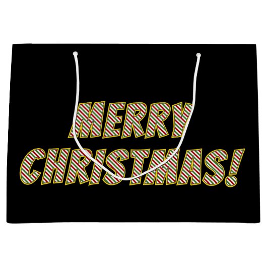 Rood, groen en wit gestreept "MERRY CHRISTMAS!" Groot Cadeauzakje (Voorkant)