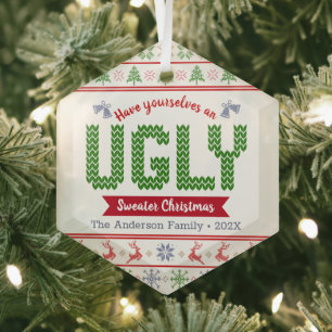 Rood Groen Gebreid Lelijke Sweater Kerstmis Tacky  Glas Ornament