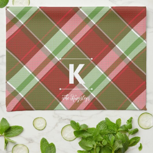 Rood groen geplakt Kerstmis gepersonaliseerd monog Theedoek (Gevouwen)