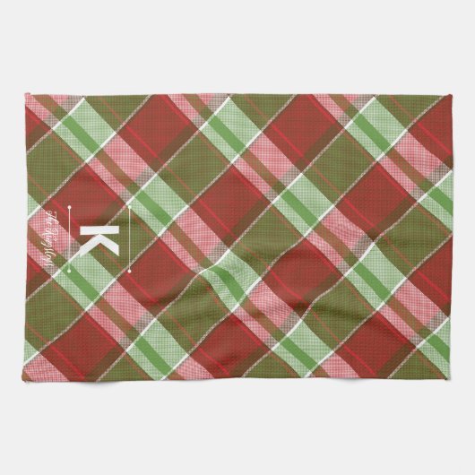 Rood groen geplakt Kerstmis gepersonaliseerd monog Theedoek (Horizontaal)