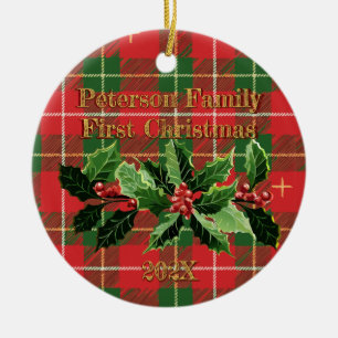 Rood groen geverfd in Holly   Familie eerste kerst Keramisch Ornament