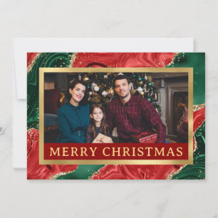 Rood. Groen & Goud Agaten Familiefoto Kerstmis Feestdagenkaart