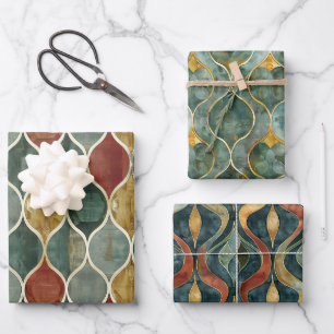 Rood, Groen, Goud Arabesque 3 Verpakkende Papieren Inpakpapier Vel