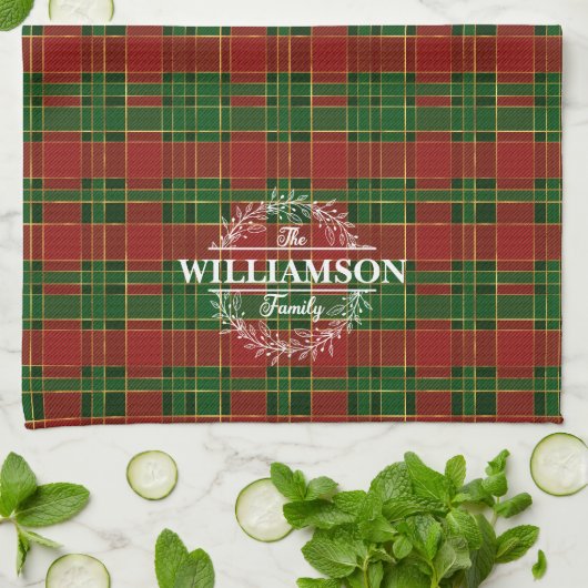 Rood Groen Goud Plaid Tartan Kerst Monogram Theedoek (Gevouwen)