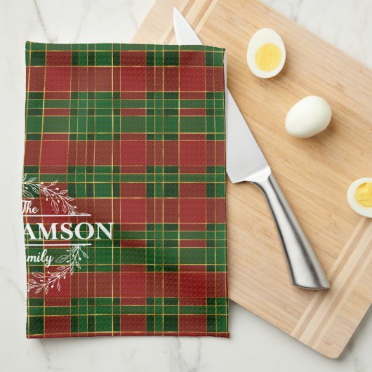 Rood Groen Goud Plaid Tartan Kerst Monogram Theedoek (Quarter Fold)