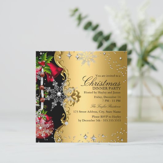 Rood groen goud Snowflake kerstfeest Dinner Party Kaart (Staand voorkant)