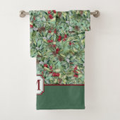 Rood Groen Holly Kerstmis Patroon Monogram Bad Handdoek (Insitu)