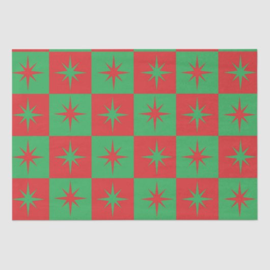 Rood-groen-ingedrukte retro-kerststarburen tissuepapier (Voorkant)