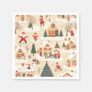 Rood Groen Kerst Dorp Sneeuwig Beige Patroon Servet