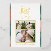 Rood + groen moderne abstracte vrolijke 3 foto fol folie feestdagenkaart (Voorkant)