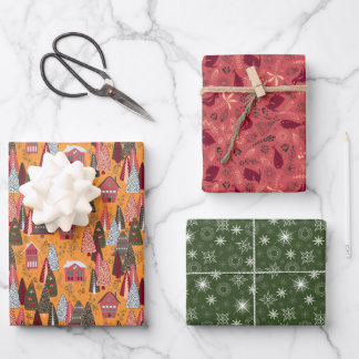 Rood Groen Oranje Kerst Bos Dorp Inpakpapier Vel