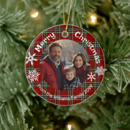 Rood groen plaid foto witte sneeuwvlokken keramisch ornament
