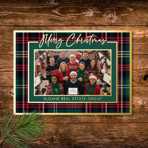 Rood Groen Plaid Prettig Kerst Script Foto Folie Feestdagenkaart