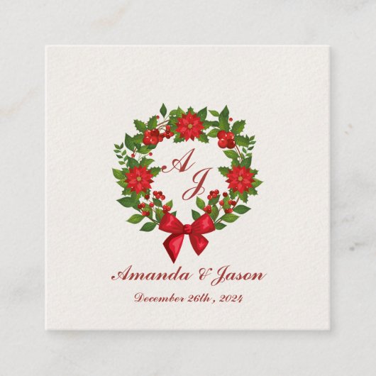 Rood Groen Poinsettia Monogram Kerst bruiloft Informatiekaartje (Voorkant)
