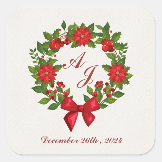 Rood Groen Poinsettia Monogram Kerst bruiloft Vierkante Sticker (Voorkant)