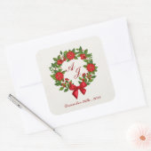 Rood Groen Poinsettia Monogram Kerst bruiloft Vierkante Sticker (Envelop)