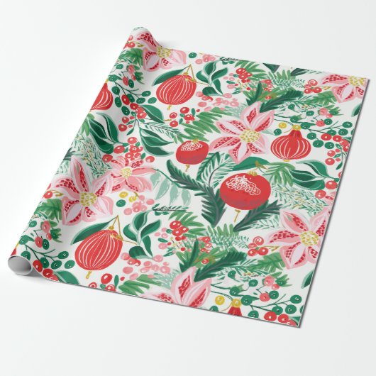 Rood Groen Retro Bloemen Kerst Wrapping Paper Cadeaupapier (Uitgerold)