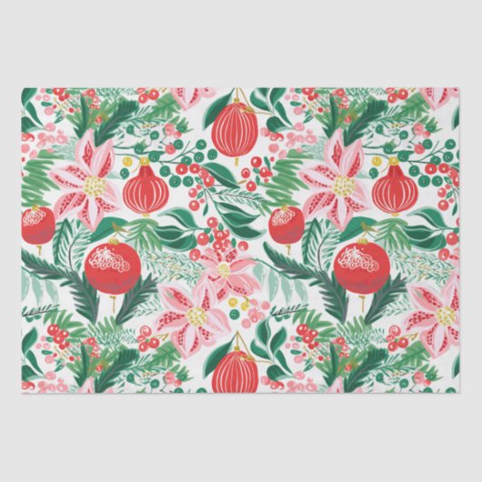 Rood Groen Retro Bloemen Kerstmis Tissuepapier (Voorkant)