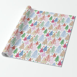 Rood groen roze blauw patroon met rode kerstbomen cadeaupapier