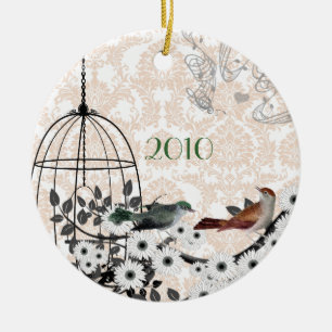 Rood & Groen Vogels & Vogelkooi op Damast Keramisch Ornament