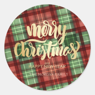 Rood groene buffel kariert vrolijk kerstfeest ronde sticker