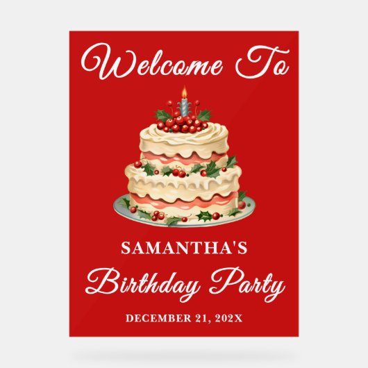 Rood handgeschreven script Kerstverjaardag Welkom Acryl Bord (Voorkant)