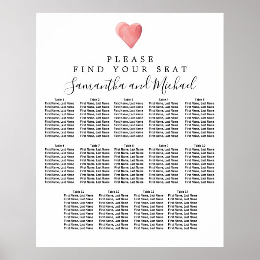 Rood hart 14-tafel bruiloft poster (Voorkant)
