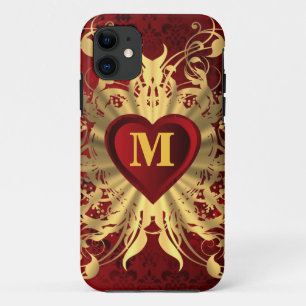 Rood hart en gouden patroon monogrammed iPhone 11 hoesje