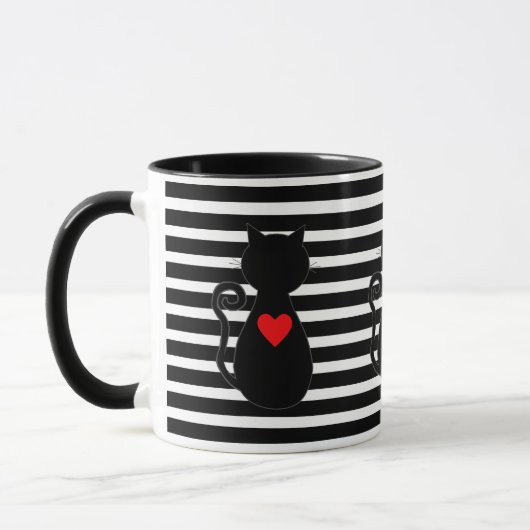 Rood hart en zwart kat op zwart & wit gestreept mok (Links)
