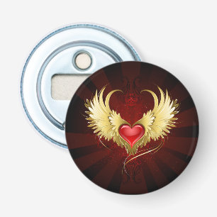 Rood Hart met Gouden Vleugels Button Flesopener